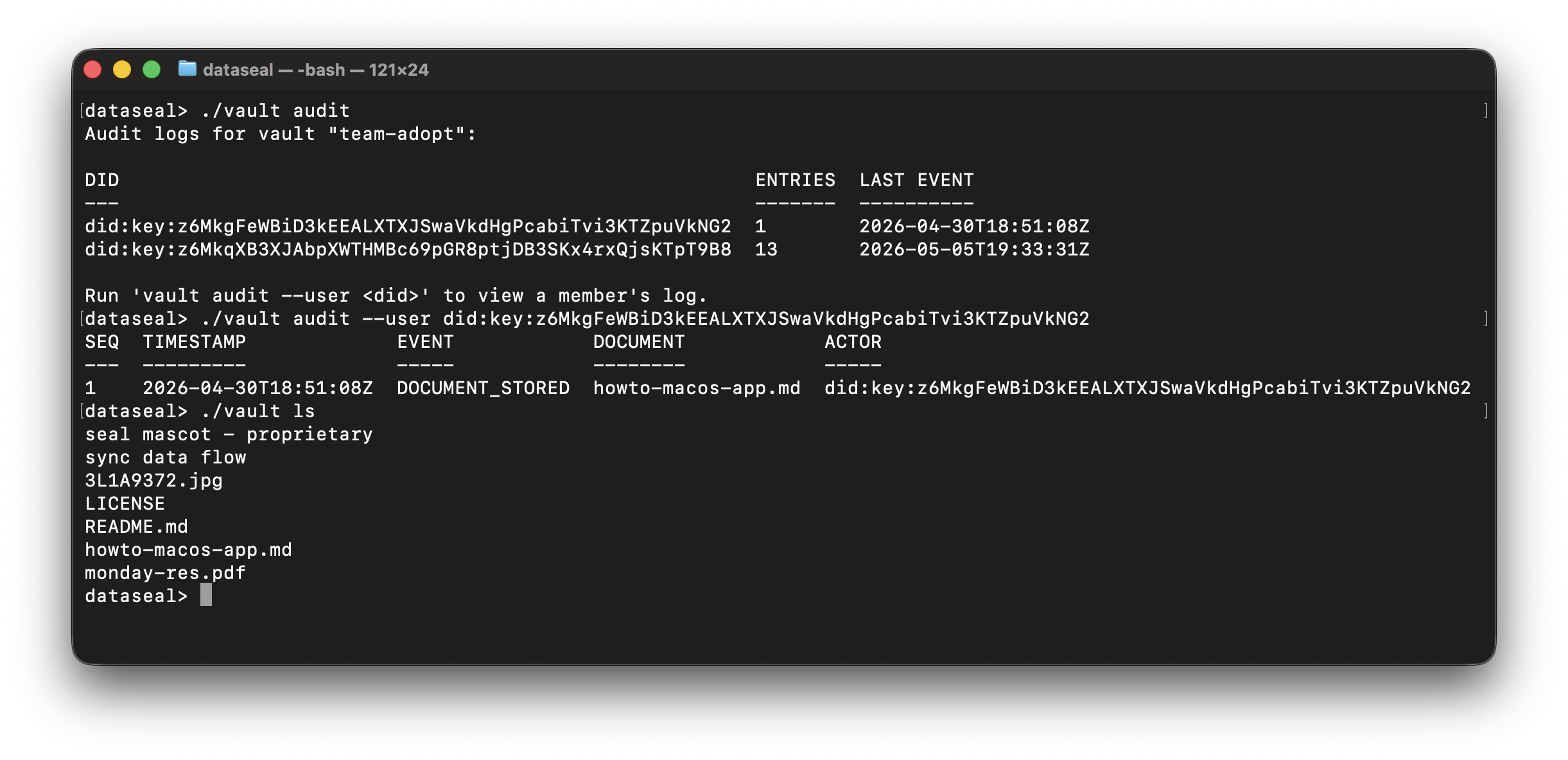 Data Seal CLI — vault ls and vault audit output