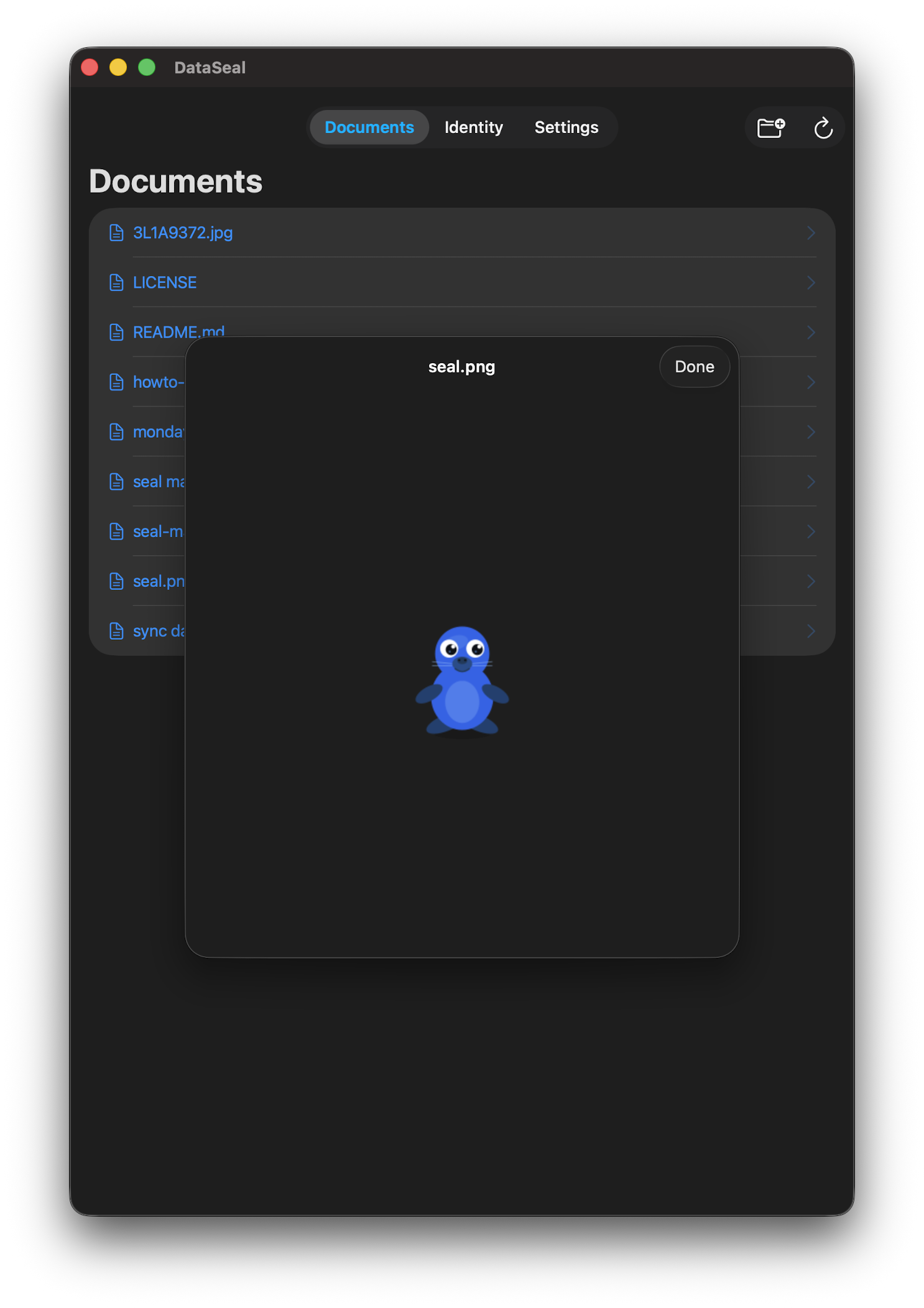 Data Seal iOS app — document list