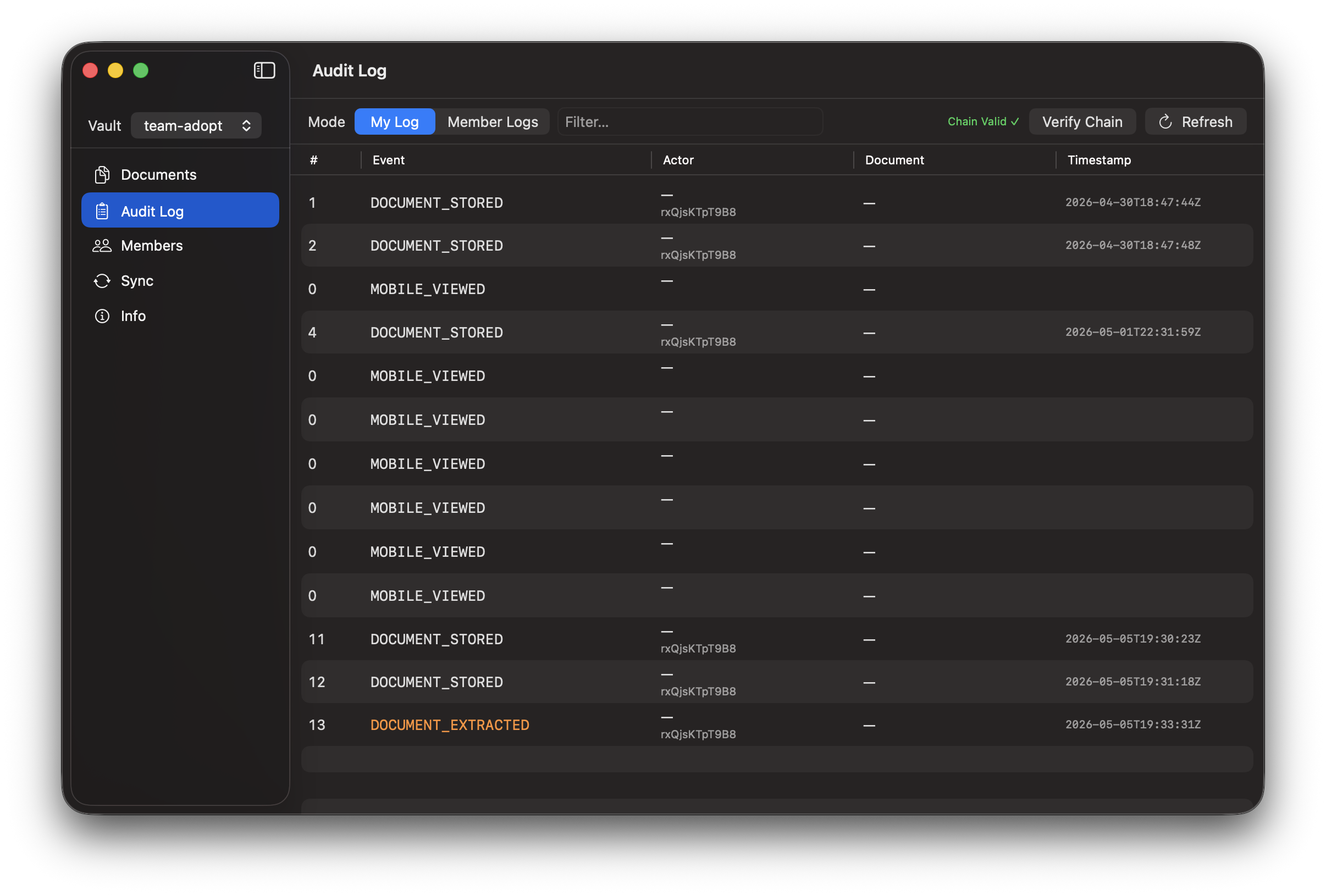 Data Seal macOS app — audit log view